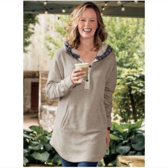Soft Surroundings Tops - SOFT SURROUNDINGS‎ Cabin Cuddle Up Fur Trim Hoodie Tunic Terry Sweatshirt Tan M